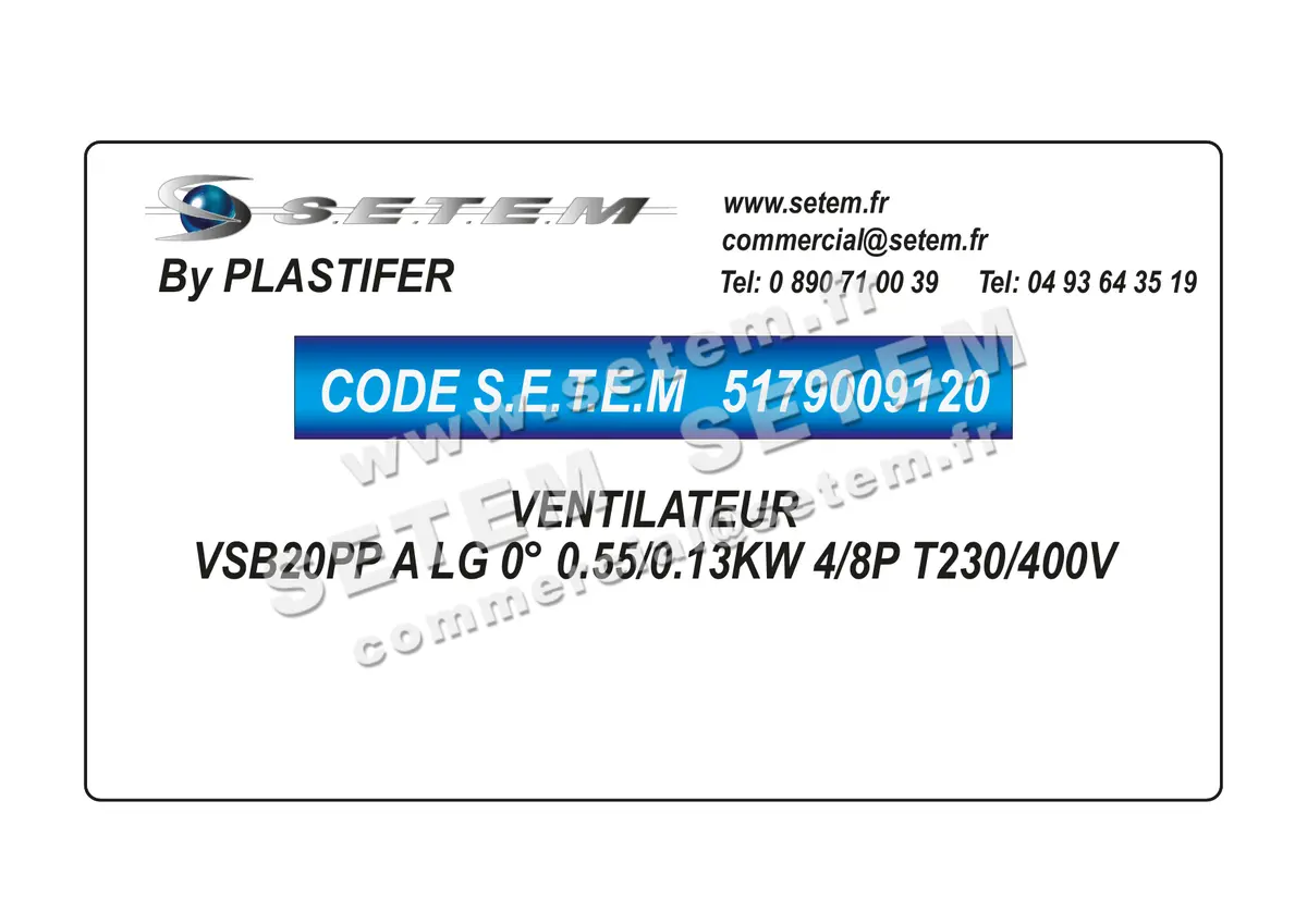 5179009120-VENTILATEUR PLASTIFER VSB20PP A LG 0° 0.55/0.13KW 4/8P T230/400V