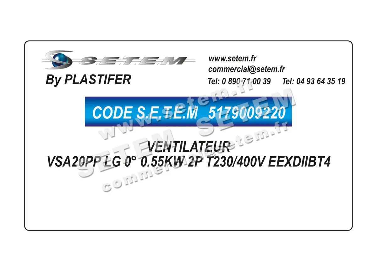 5179009220-VENTILATEUR PLASTIFER VSA20PP LG 0° 0.55KW 2P T230/400V EEXDIIBT4