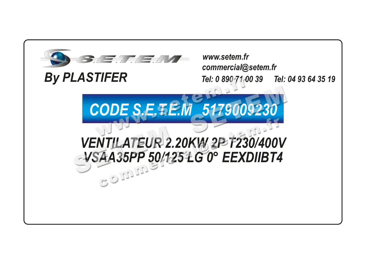 5179009230-VENTILATEUR PLASTIFER VSAA35PP 50/125 LG 0° 2.20KW 2P T230/400V EEXDIIBT4