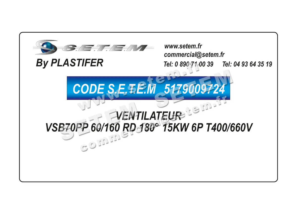 5179009724-VENTILATEUR PLASTIFER VSB70PP 60/160 RD 180° 15KW 6P T400/660V