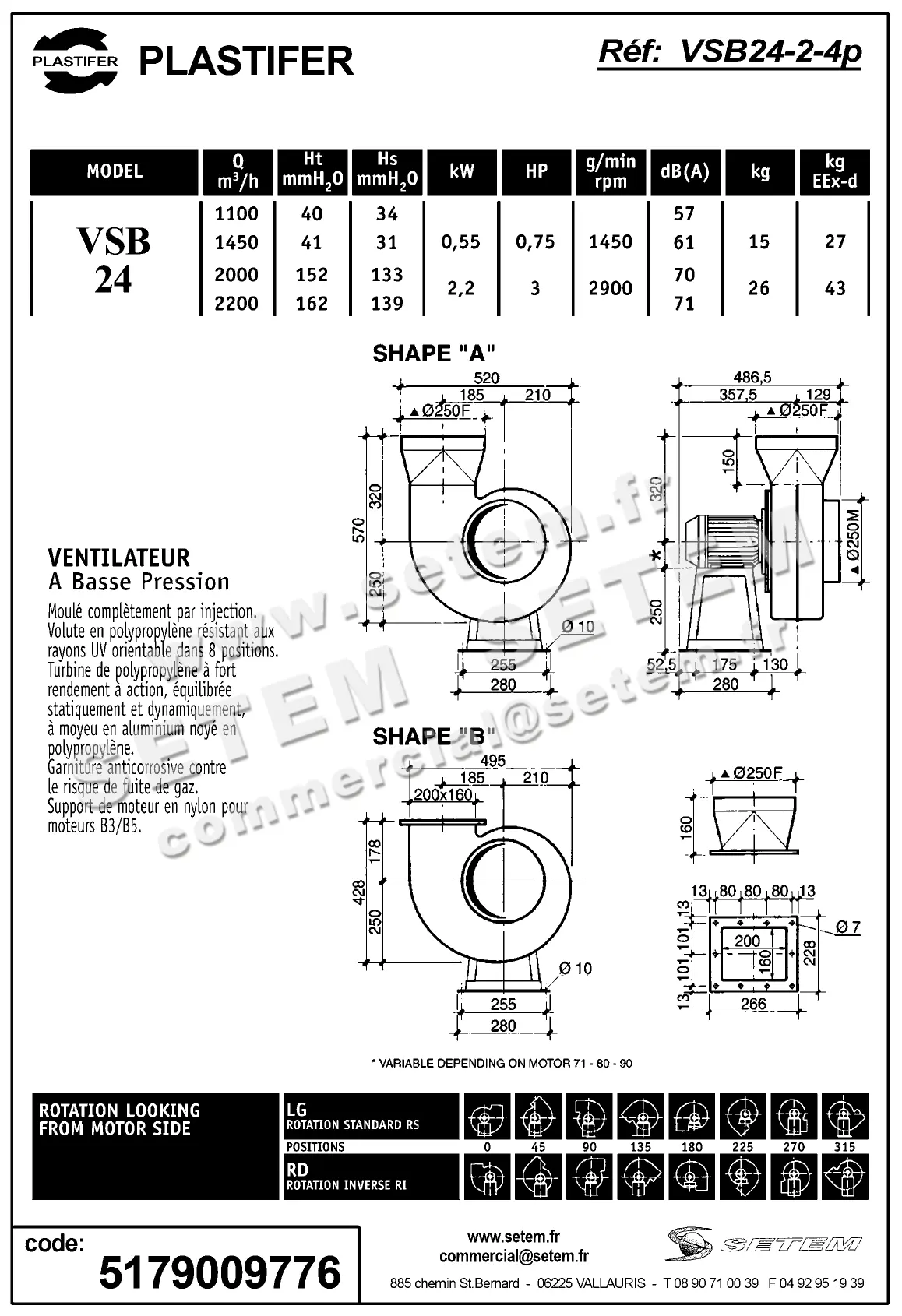 5179009776-VENTILATEUR PLASTIFER VSB24PP LG 270° 2.20/0.55KW 2/4P T400V 2