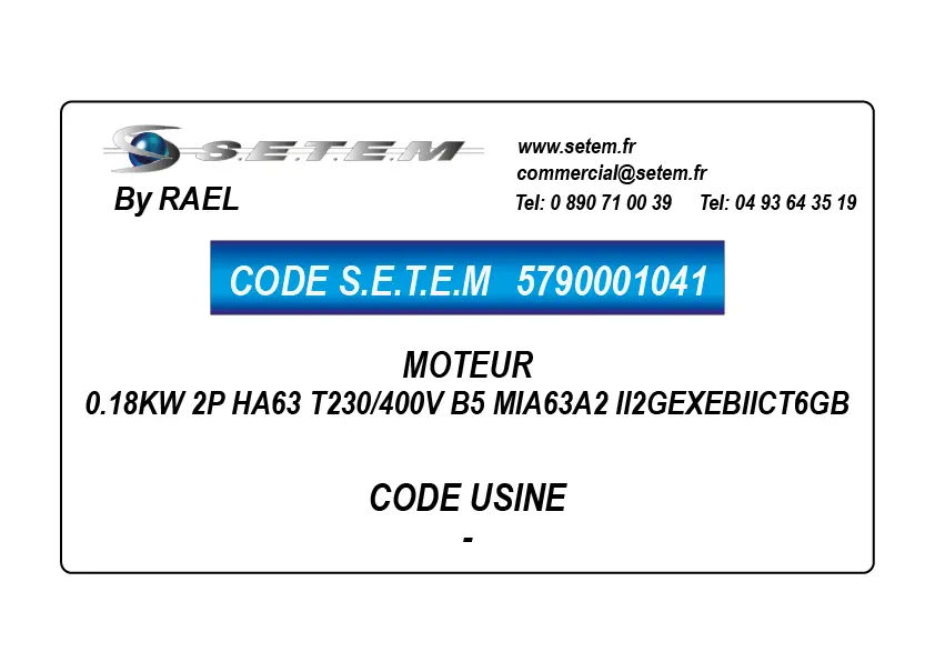 5790001041-MOTEUR RAEL 0.18KW 2P HA63 T230/400V B5 MIA63A2 II2GEXEBIICT6GB