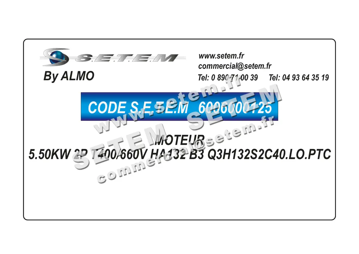 6006000125-MOTEUR ALMO 5.50KW 2P T400/660V HA132 B3 Q3H132S2C40.LO.PTC