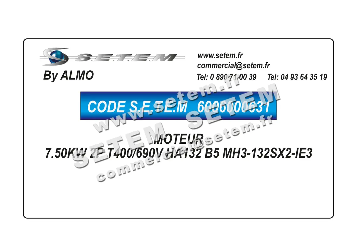 6006000631-MOTEUR ALMO 7.50KW 2P T400/690V HA132 B5 MH3-132SX2-IE3 2