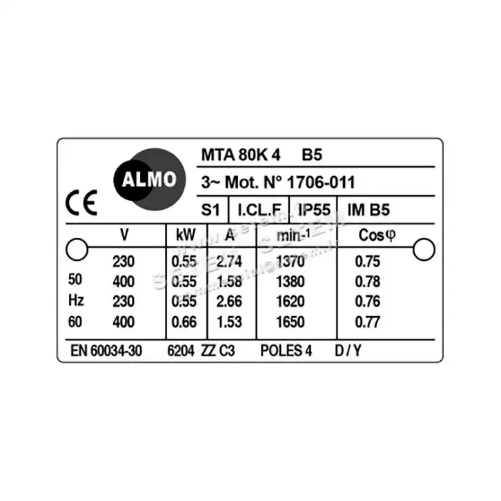 6006001051-MOTEUR ALMO 0.55KW 4P T230/400V HA80 B5 MTA80K4 4