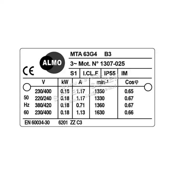 6006004020-MOTEUR ALMO 0.18KW 4P T230/400V HA63 B3 MTA63G4 4