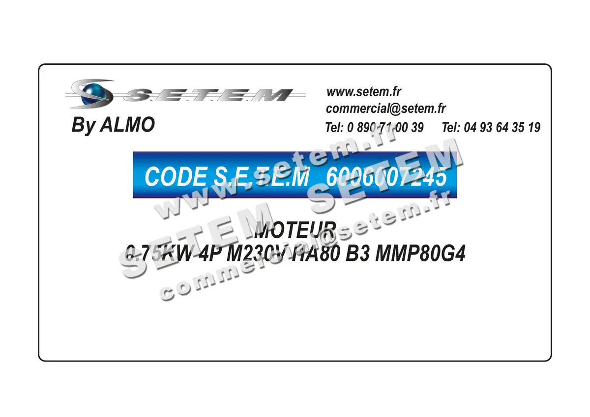 6006007245-MOTEUR ALMO 0.75KW 4P M230V HA80 B3 MMP80G4 6