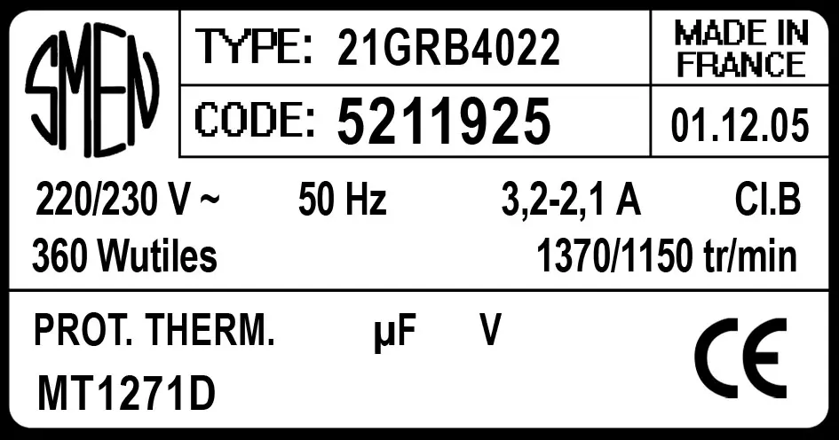 6129001925-MOTEUR SMEN 21GRB4022 "MT1271D" *5211925* 2