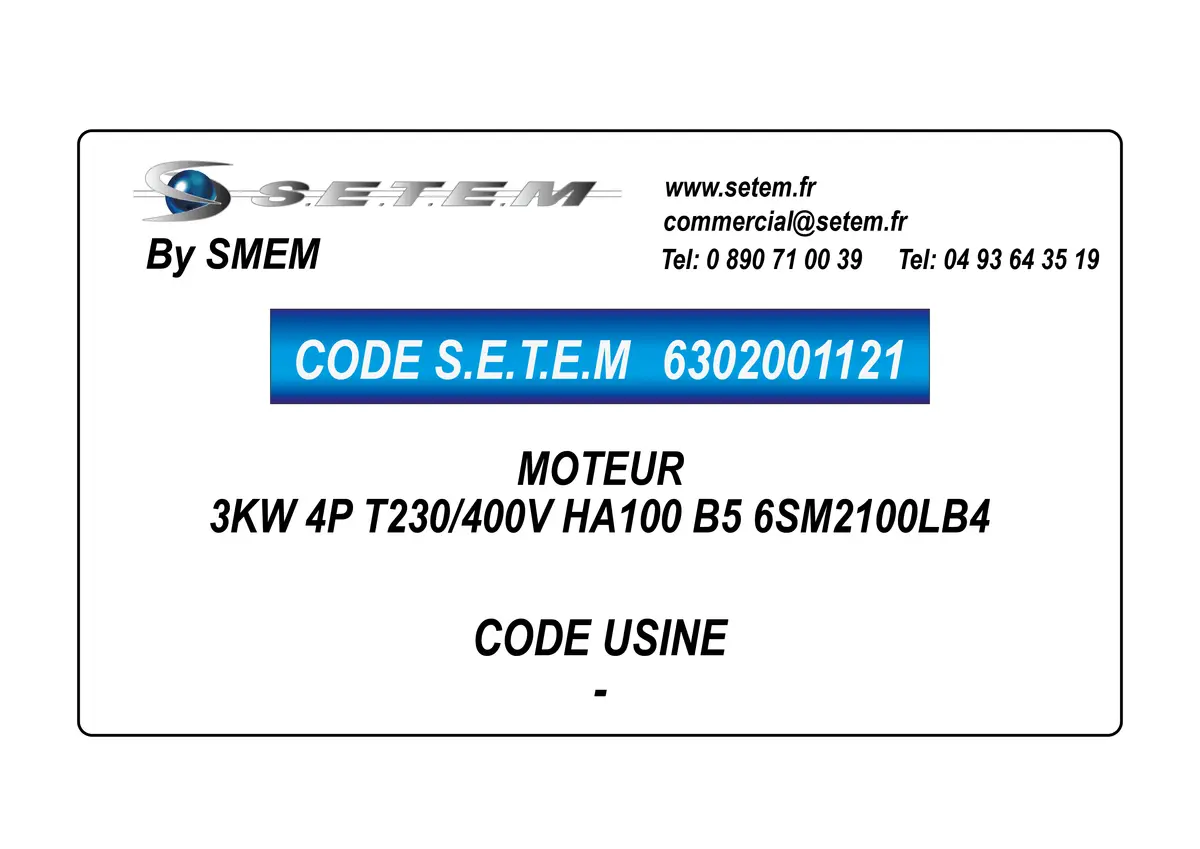 6302001121-MOTEUR SMEM 3KW 4P T230/400V HA100 B5 6SM2100LB4