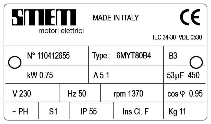 6302009725-MOTEUR SMEM 0.75KW 4P M230V HA80 B3 6MYT80B4 2