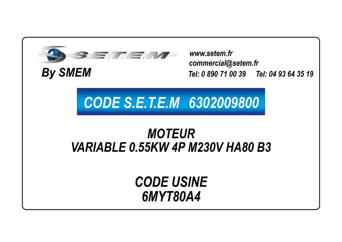 6302009800-MOTEUR SMEM VARIABLE 0.55KW 4P M230V HA80 B3 *6MYT80A4*