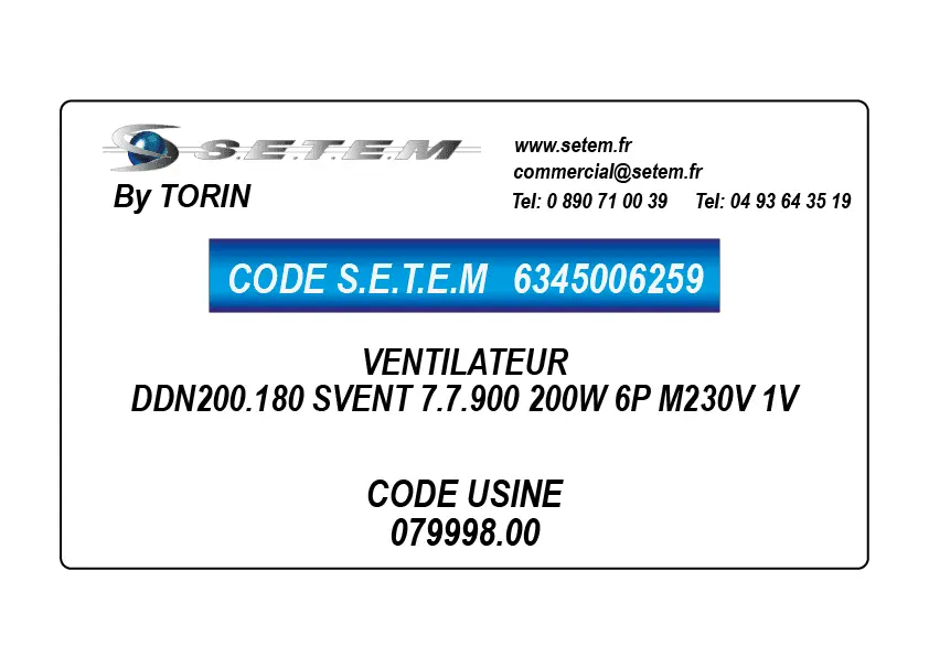 6345006259-VENTILATEUR TORIN DDN200.180 SVENT 7.7.900 200W 6P M230V 1V *079998.00*