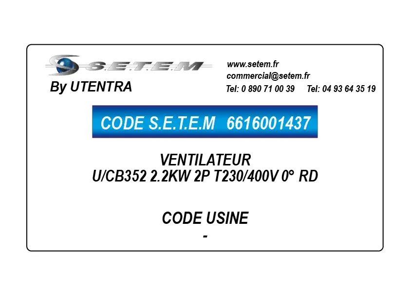 6616001437-VENTILATEUR UTENTRA U/CB352 2.2KW 2P T230/400V 0° RD