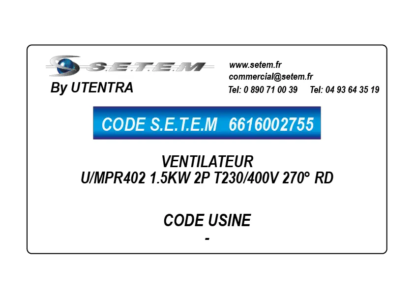6616002755-VENTILATEUR UTENTRA U/MPR402 1.5KW 2P T230/400V 270° RD