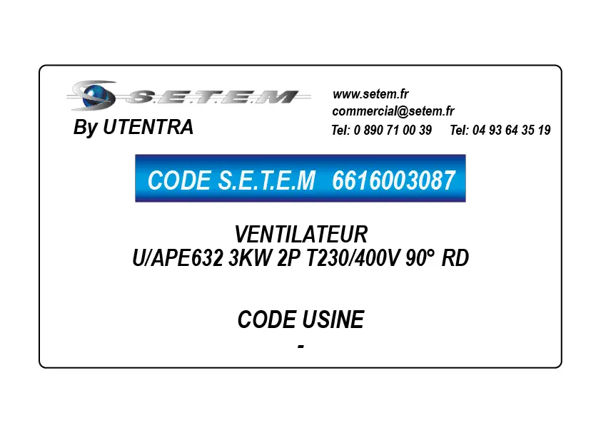 6616003087-VENTILATEUR UTENTRA U/APE632 3KW 2P T230/400V 90° RD