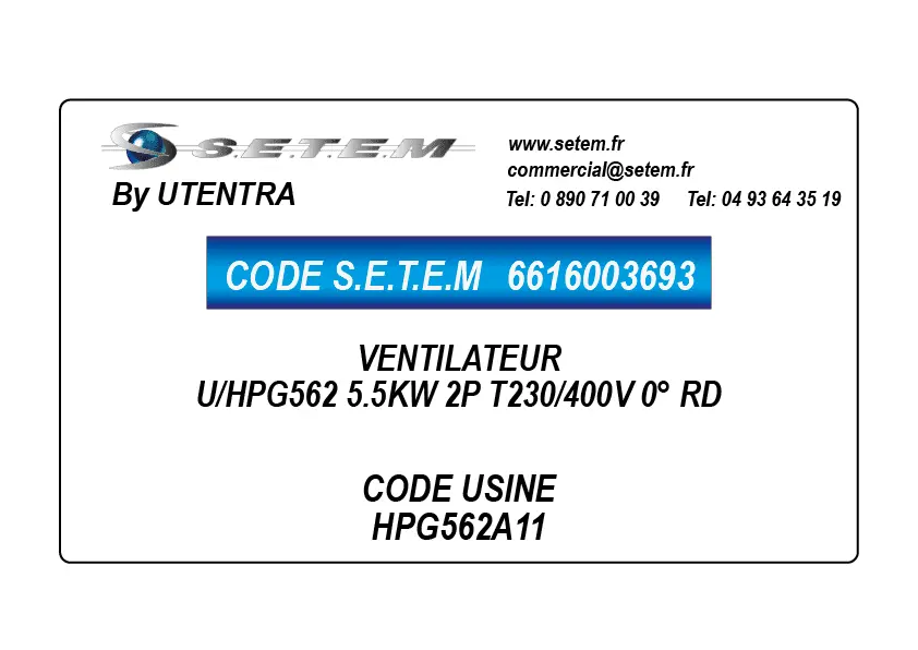 6616003693-VENTILATEUR UTENTRA U/HPG562 5.5KW 2P T230/400V 0° RD *HPG562A11*