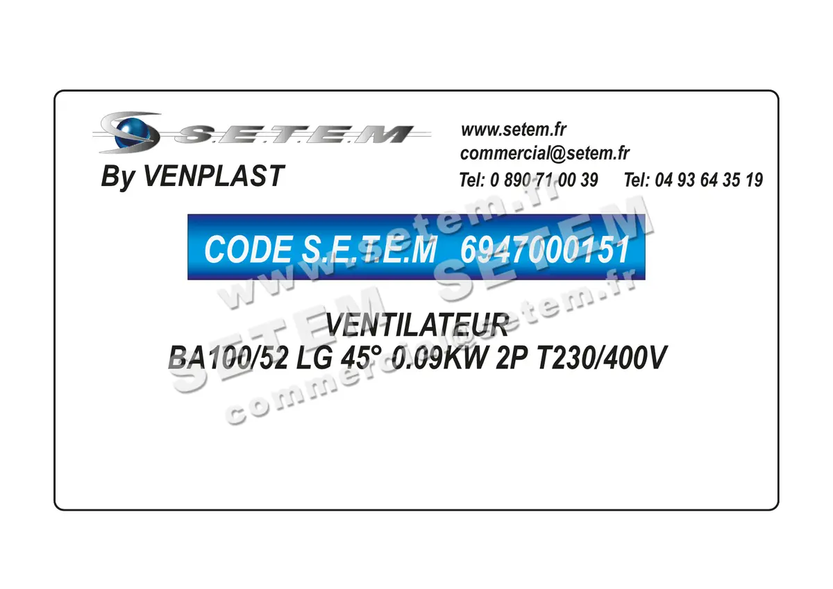 6947000151-VENTILATEUR VENPLAST BA100/52 LG 45° 0.09KW 2P T230/400V