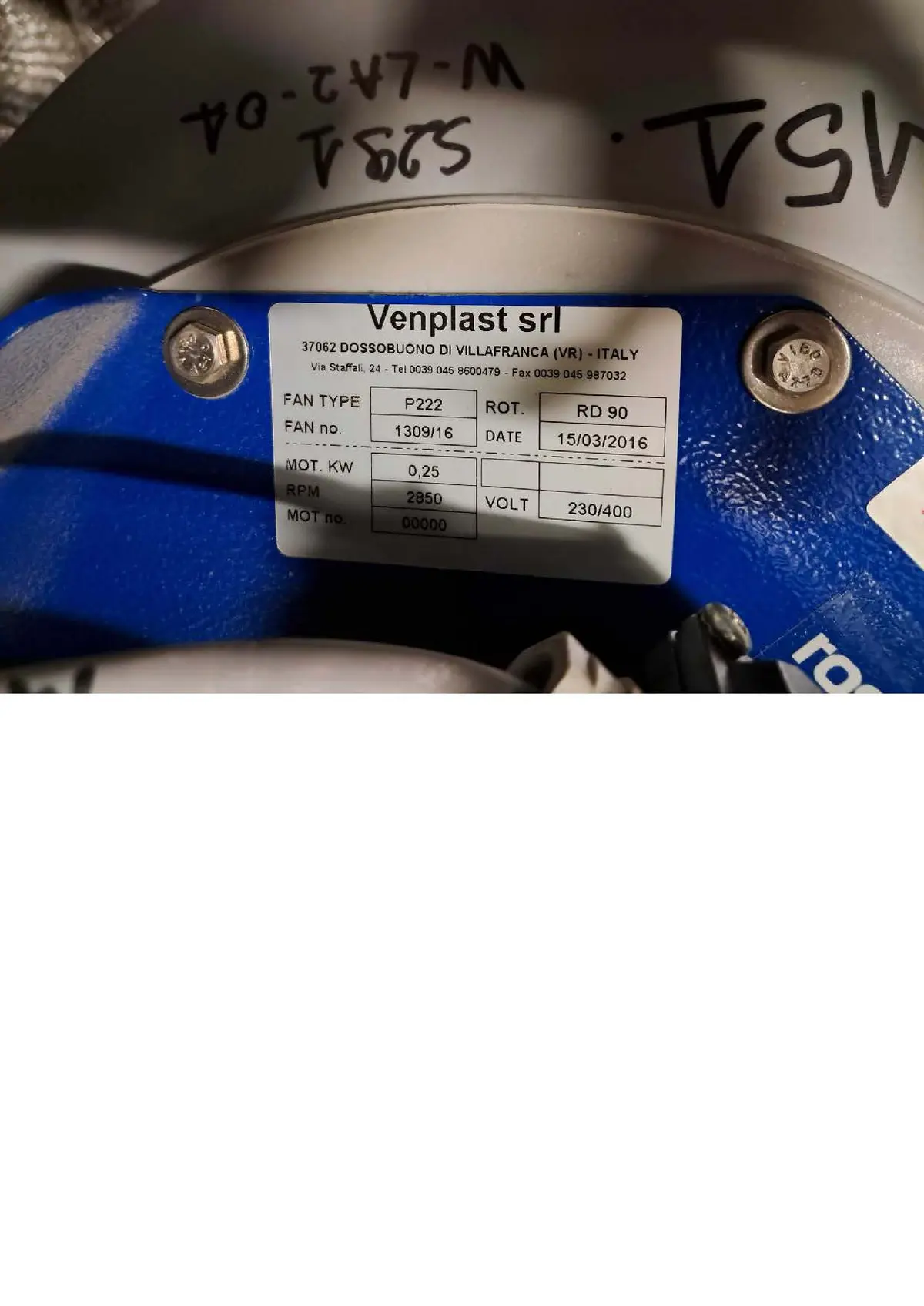 6947000522-VENTILATEUR VENPLAST P222 0.25KW 2P T230/400V RD 90°