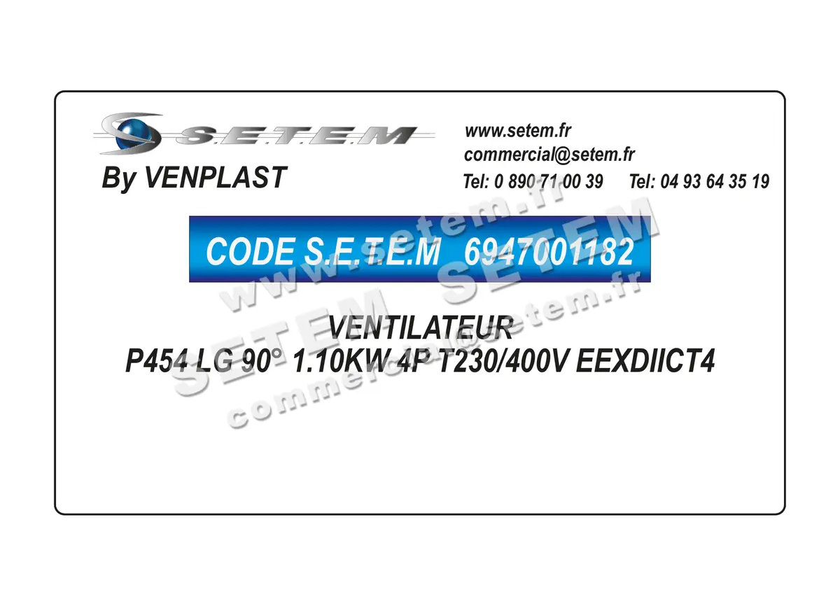 6947001182-VENTILATEUR VENPLAST P454 LG 90° 1.10KW 4P T230/400V EEXDIICT4