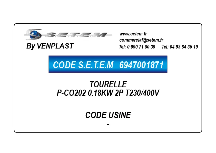 6947001871-TOURELLE VENPLAST P-CO202 0.18KW 2P T230/400V