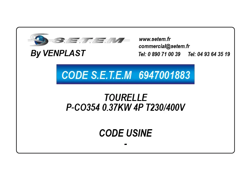 6947001883-TOURELLE VENPLAST P-CO354 0.37KW 4P T230/400V
