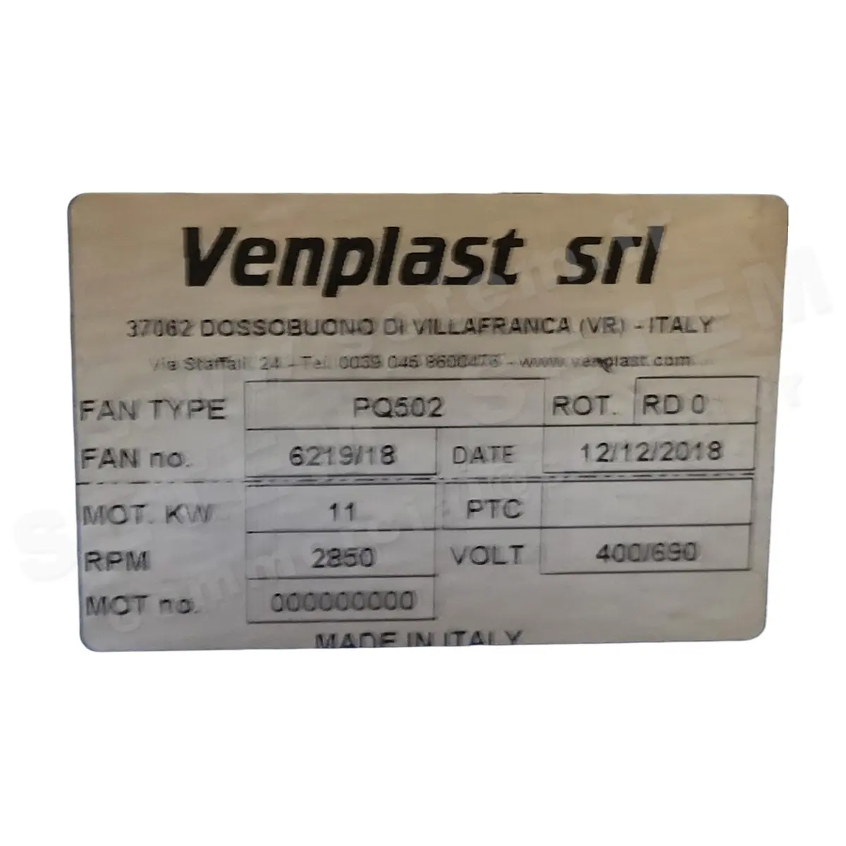 6947002320-VENTILATEUR VENPLAST PQ502 11KW 2P T400/690V RD 0°