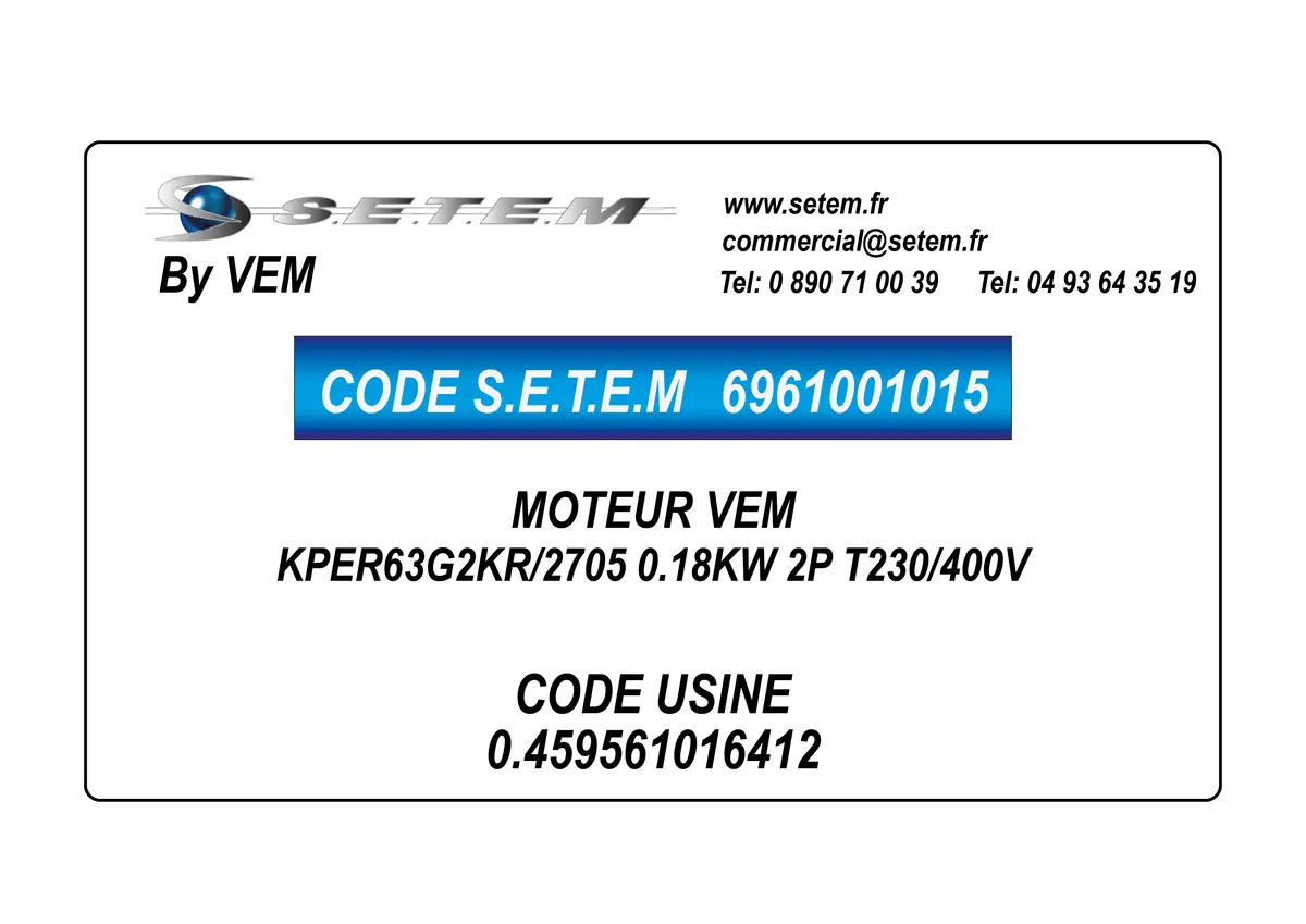 6961001015-MOTEUR VEM KPER63G2KR/2705 0.18KW 2P T230/400V *0.459561016412*
