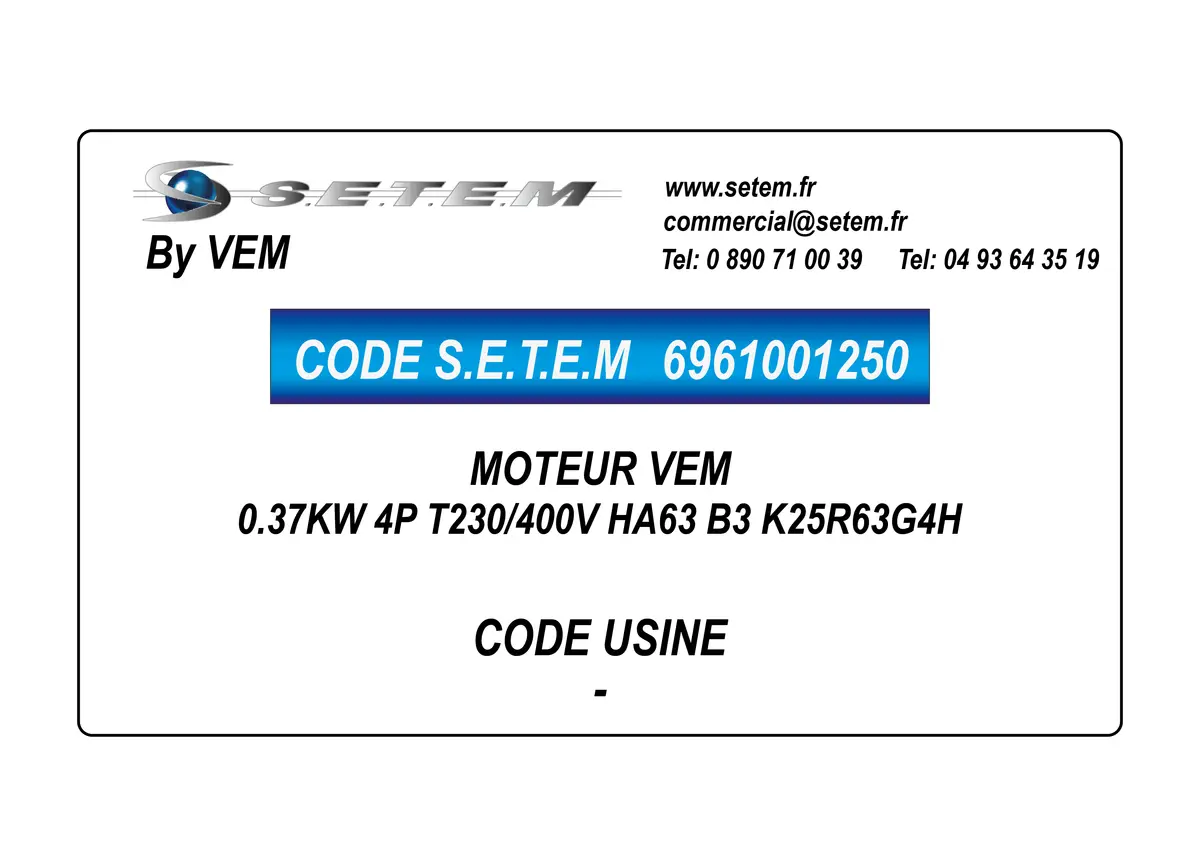 6961001250-MOTEUR VEM 0.37KW 4P T230/400V HA63 B3 K25R63G4H