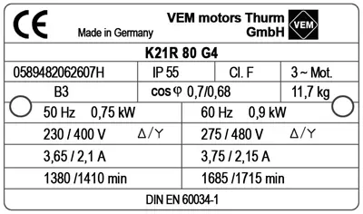 6961001765-MOTEUR VEM 0.75KW 4P T230/400V HA80 B3 K21R80G4 TROPICALISE 2