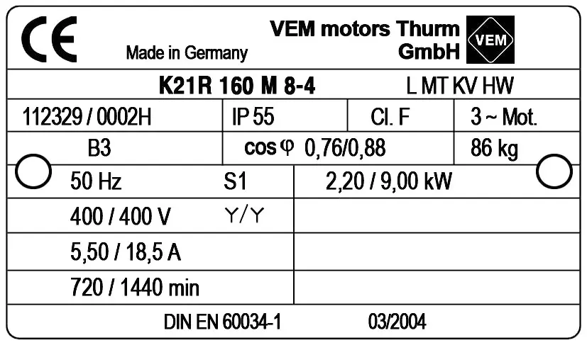 6961004600-MOTEUR VEM 9/2.30KW 4/8P T400V HA160 B3 2