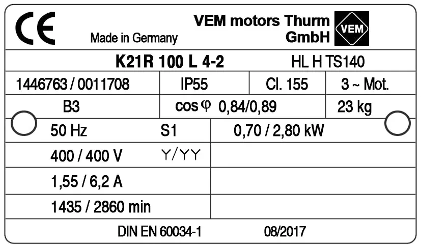 6961004810-MOTEUR VEM 2.80/0.70KW 2/4P T400V HA100 B3 K21R100L4.2LPTO 2