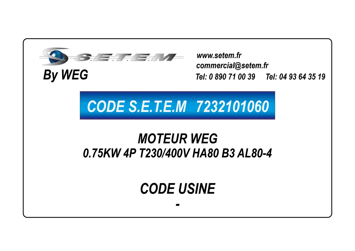 7232101060-MOTEUR WEG 0.75KW 4P T230/400V HA80 B3 AL80-04