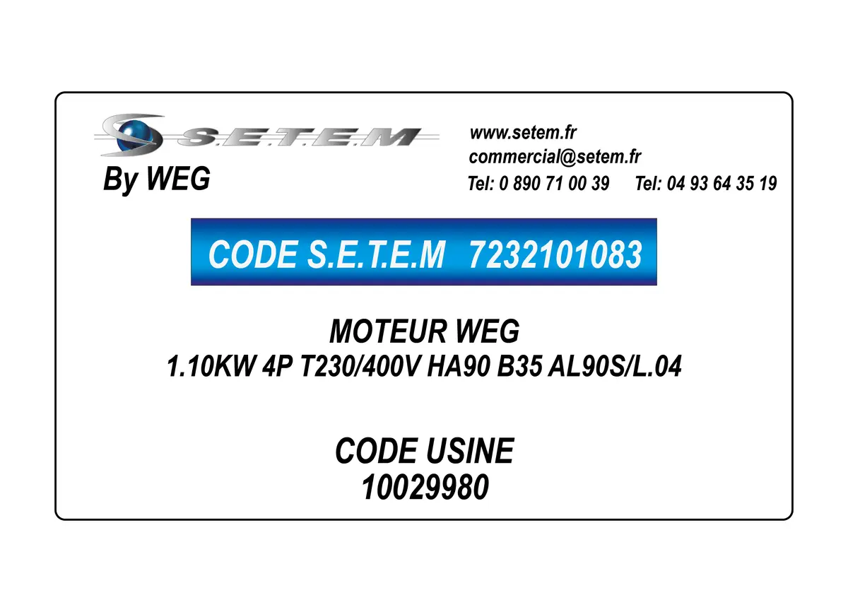 7232101083-MOTEUR WEG 1.10KW 4P T230/400V HA90 B35 AL90S/L.04 *10029980*