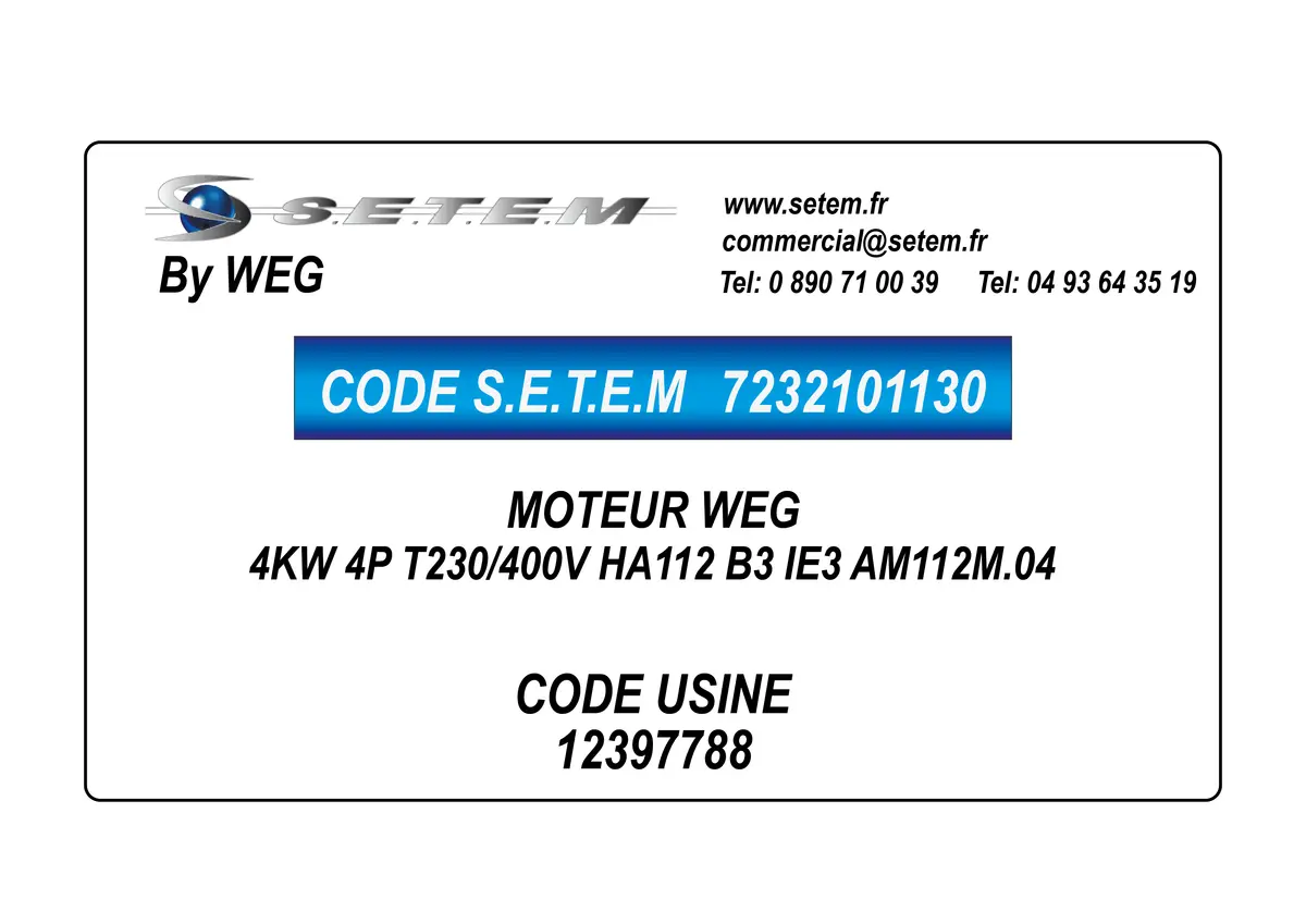 7232101130-MOTEUR WEG 4KW 4P T230/400V HA112 B3 IE3 AM112M.04 *12397788* 2