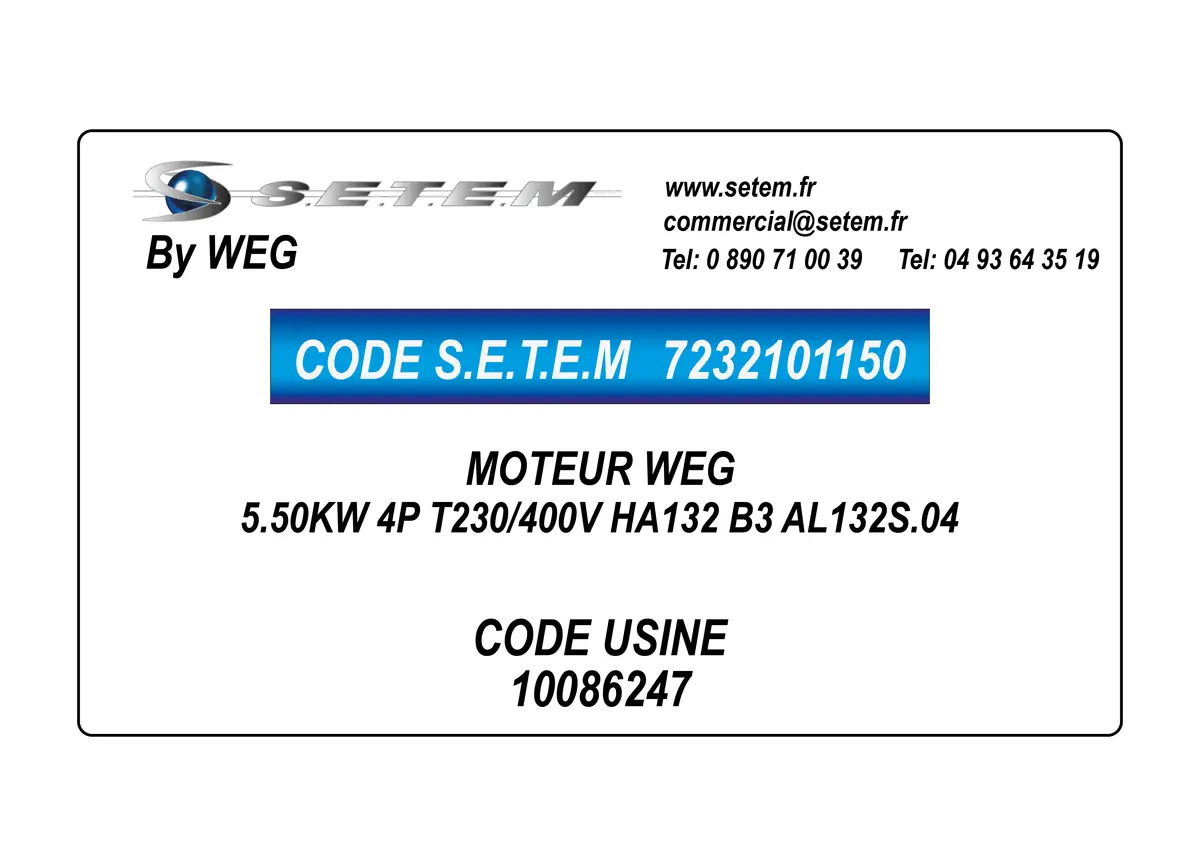 7232101150-MOTEUR WEG 5.50KW 4P T230/400V HA132 B3 AL132S.04 *10086247*
