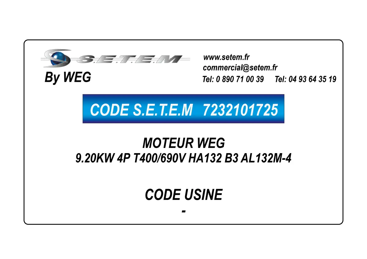 7232101725-MOTEUR WEG 9.20KW 4P T400/690V HA132 B3 AL132M-04