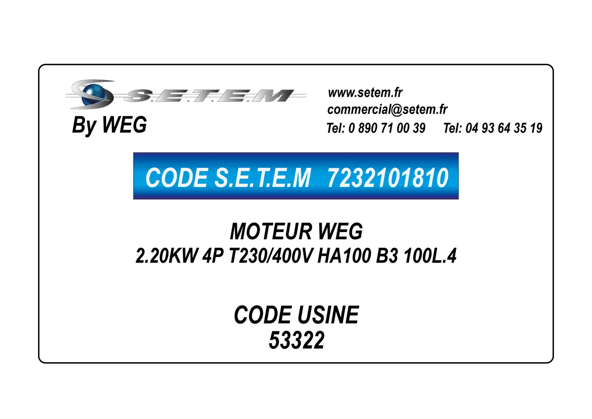 7232101810-MOTEUR WEG 2.20KW 4P T230/400V HA100 B3 100L.4 *53322*