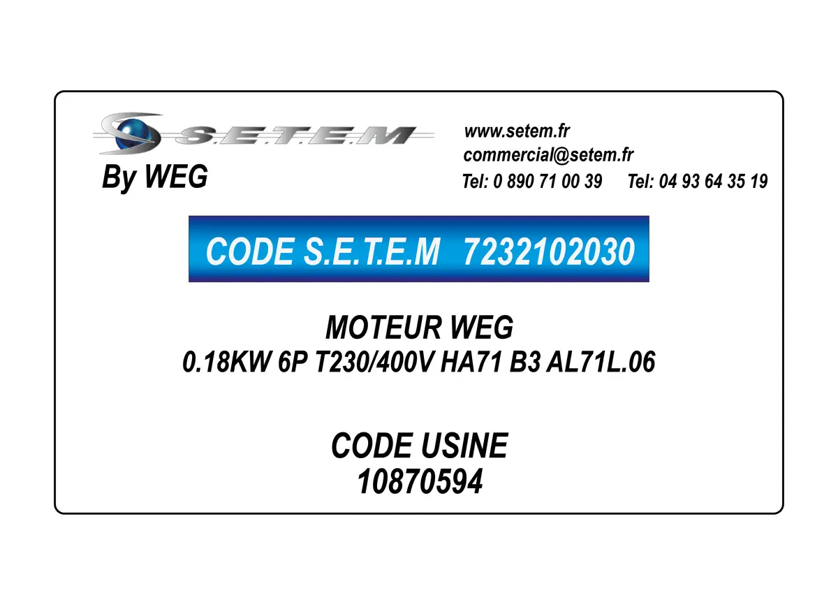 7232102030-MOTEUR WEG 0.18KW 6P T230/400V HA71 B3 AL71L.06 *10870594*