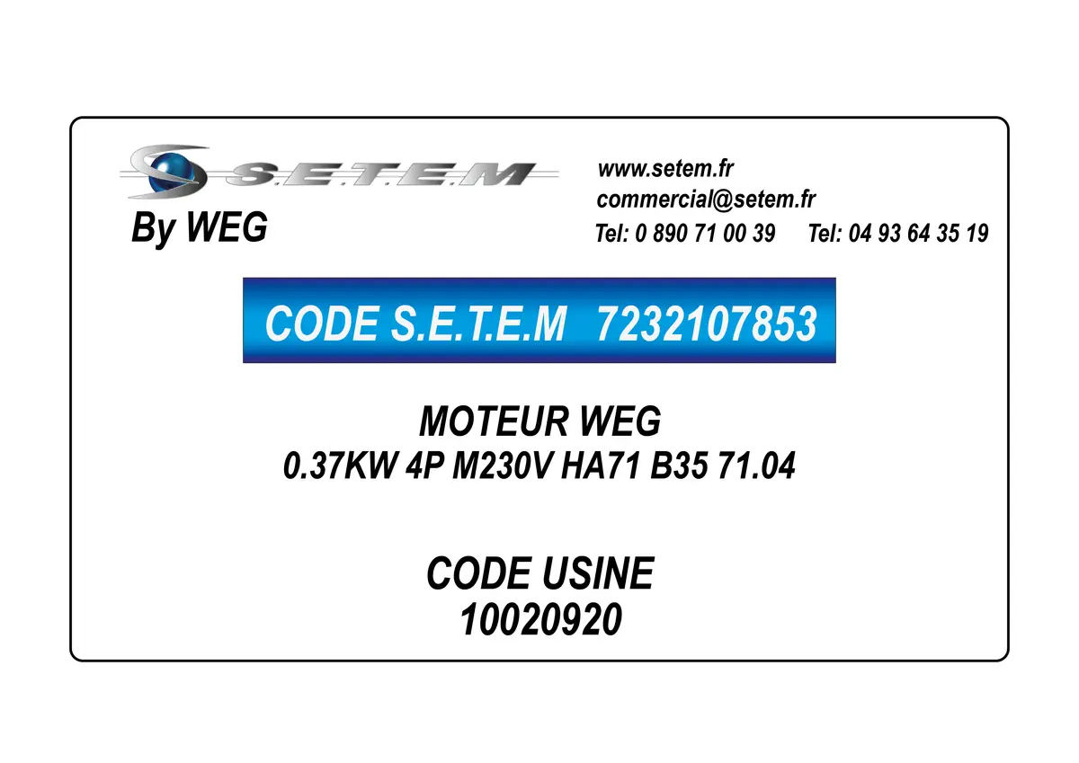7232107853-MOTEUR WEG 0.37KW 4P M230V HA71 B35 71.04 *10020920*